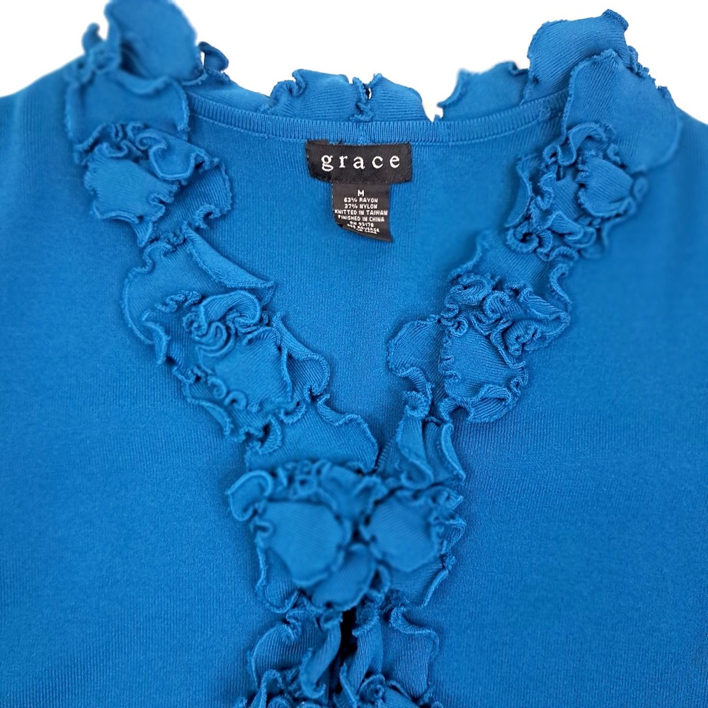 grace Ruffled Cardigan Sweater Women's M Teal Scalloped Hem Coquette Feminine - Picture 2 of 8